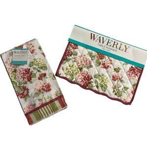 Waverly Quilted Table Runner Towel Set Pink Hydrangea Reversible Striped Country